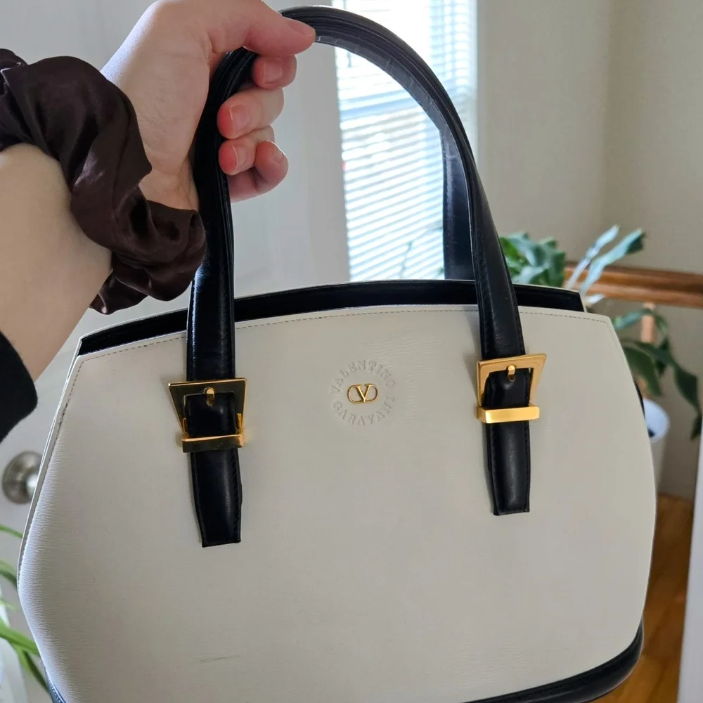 Valentino Garavani White and Black Satchel with Gold Hardware